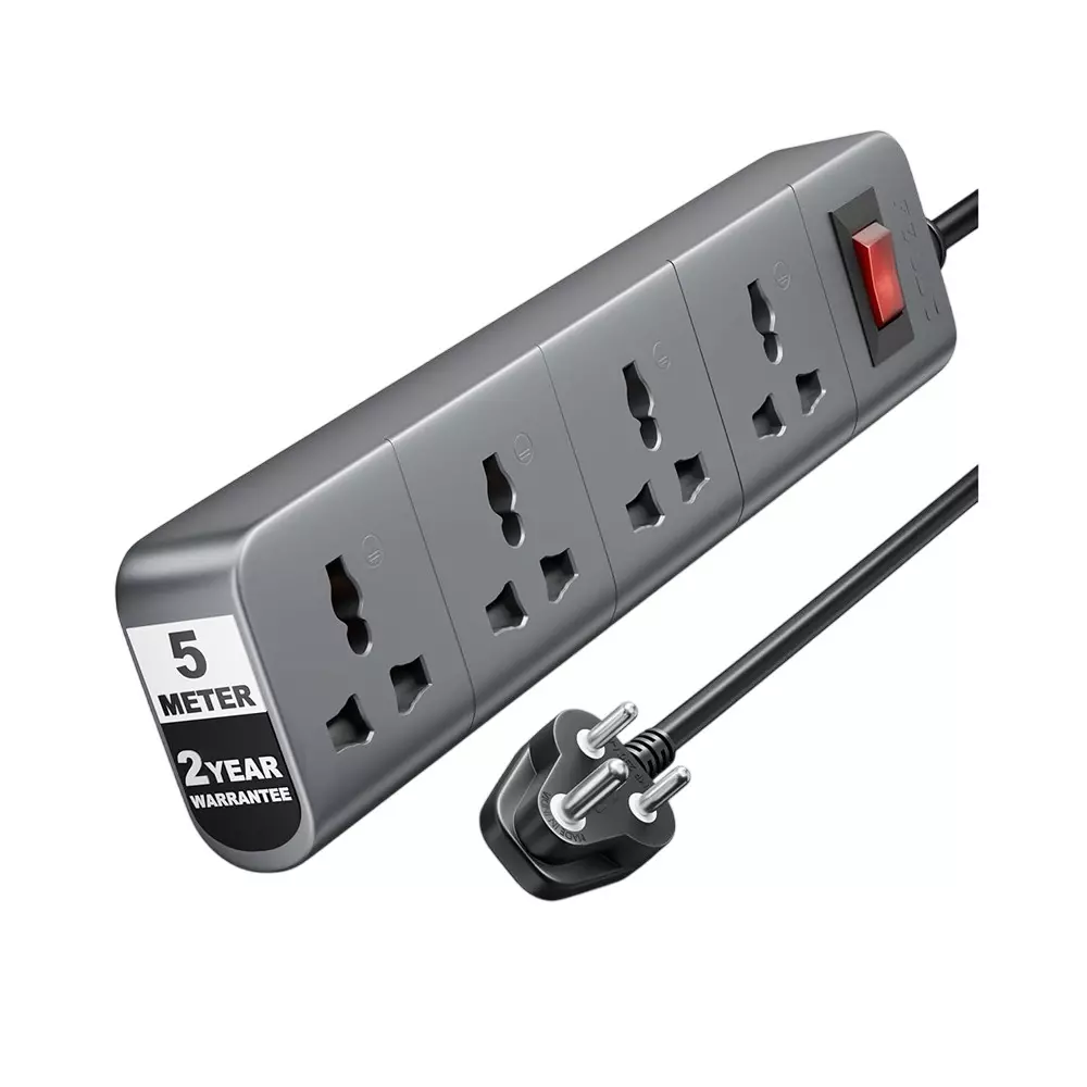 FEDUS Extension Board Cord 5 m Cable Length 1500 W 4 Universal Sockets with Individual Switch 3 Core Black