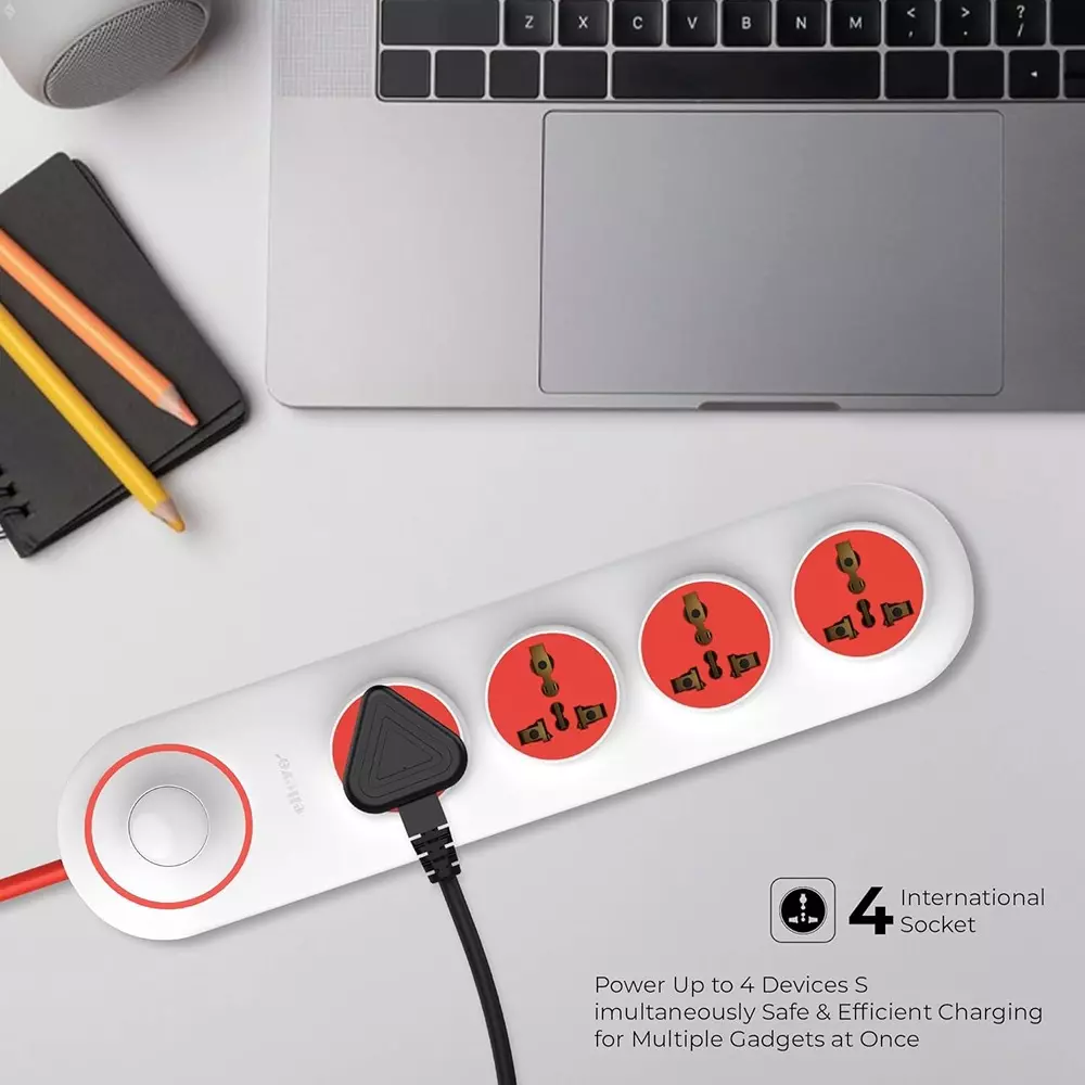 Elleys 3 Pin Extension Board Quro 4 Socket 10 A Current 2 m Cable Length Red & White