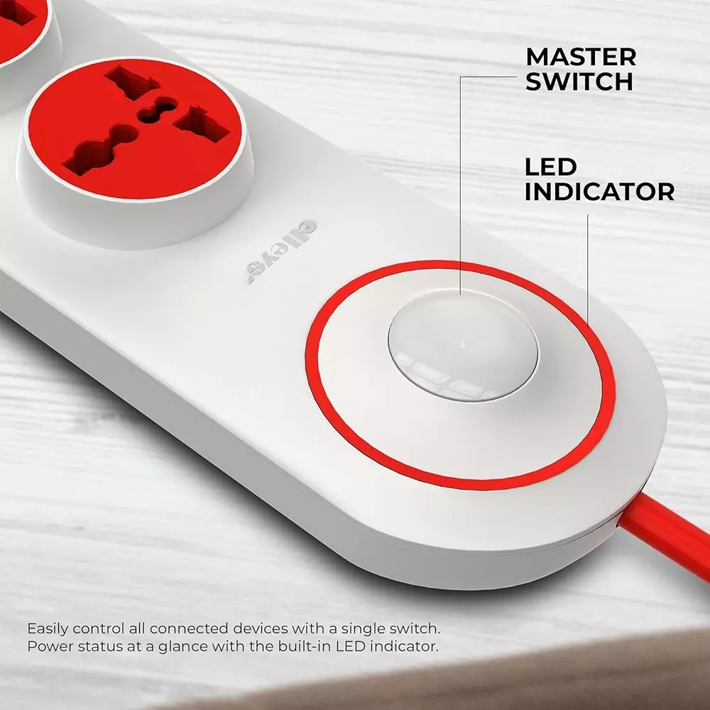 Elleys 3 Pin Extension Board Quro 4 Socket 10 A Current 2 m Cable Length Red & White