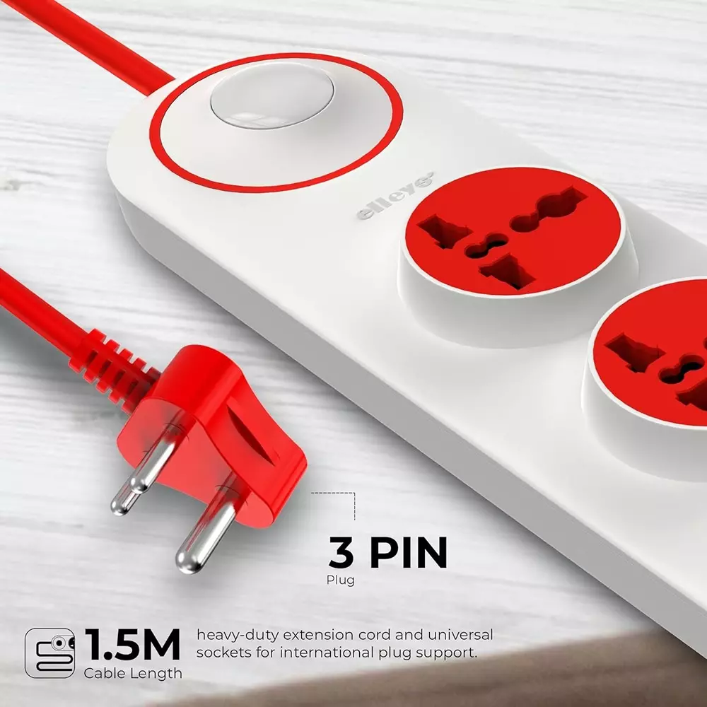 Elleys 3 Pin Extension Board Quro 4 Socket 10 A Current 2 m Cable Length Red & White
