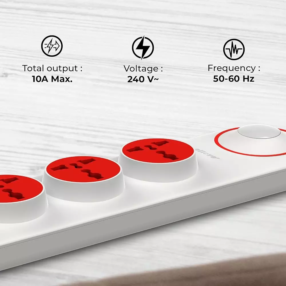 Elleys 3 Pin Extension Board Quro 4 Socket 10 A Current 2 m Cable Length Red & White