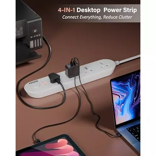 FEDUS Extension Board Cord 5 m Cable Length 1500 W 4 Universal Sockets with Individual Switch 3 Core White