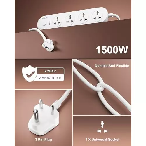 FEDUS Extension Board Cord 5 m Cable Length 1500 W 4 Universal Sockets with Individual Switch 3 Core White