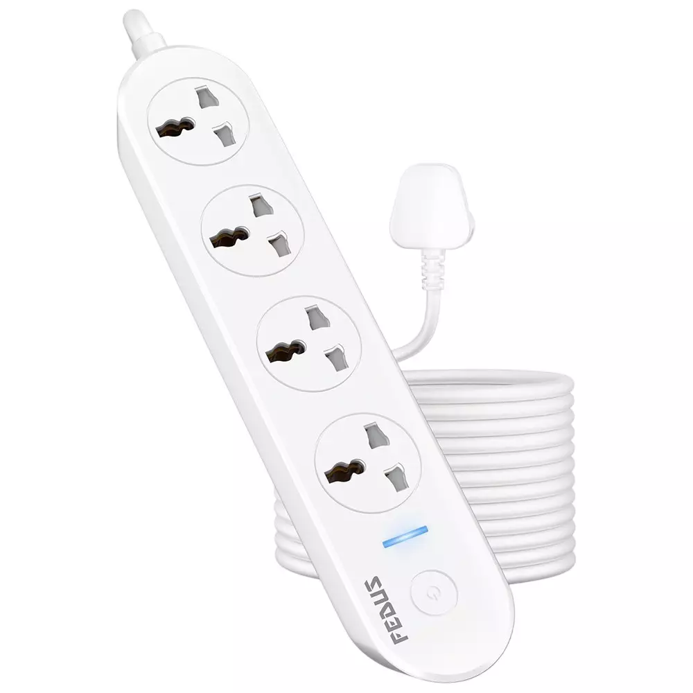 FEDUS Extension Board Cord 5 m Cable Length 1500 W 4 Universal Sockets with Individual Switch 3 Core White