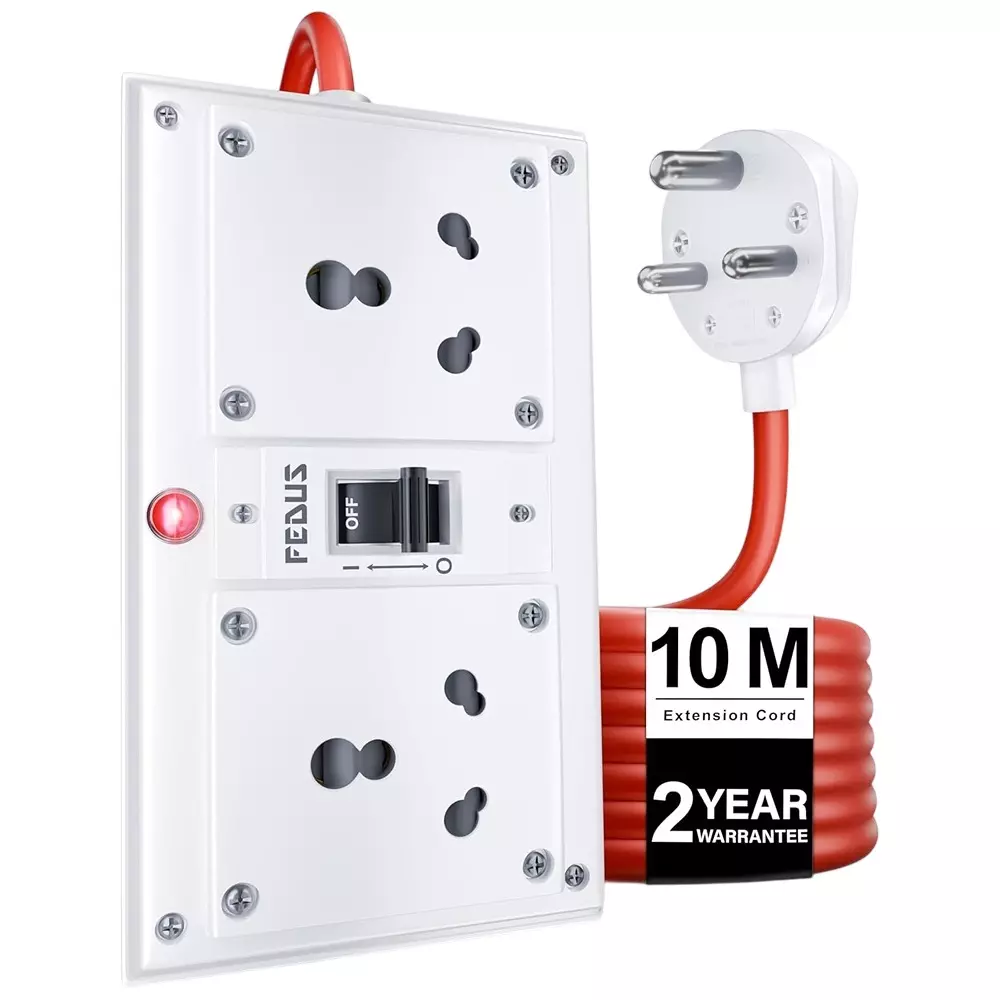 FEDUS Extension Switch Board Cord with MCB Switches 2 Socket 3000 W 10 m Cable Length 16 Amp Acrylonitrile Butadiene Styrene