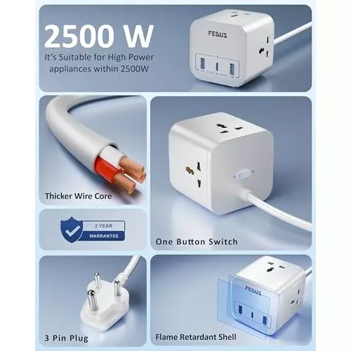 FEDUS Surge Protector 9.8 ft Cable Length 2500 W USB Port Type A & C 3 Way Polycarbonate