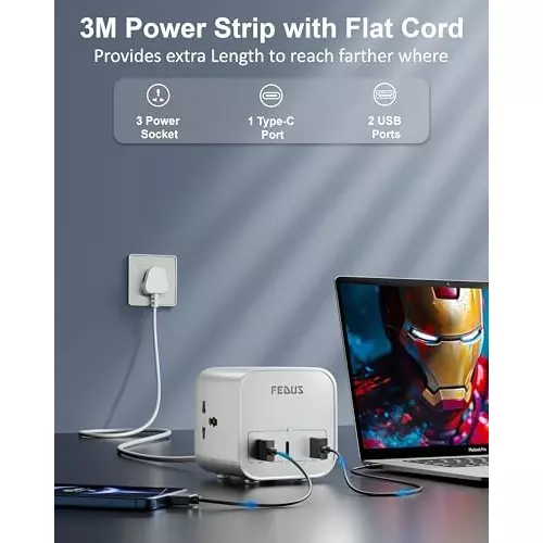 FEDUS Surge Protector 9.8 ft Cable Length 2500 W USB Port Type A & C 3 Way Polycarbonate