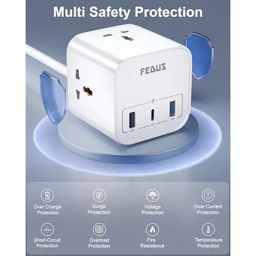 FEDUS Surge Protector 9.8 ft Cable Length 2500 W USB Port Type A & C 3 Way Polycarbonate