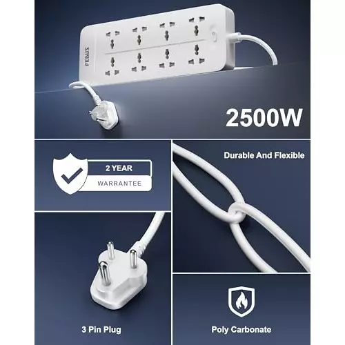 FEDUS Extension Board Cord 10 m Cable Length 2500 W 8 Universal Sockets with MOV, OLP Protection 3 Core