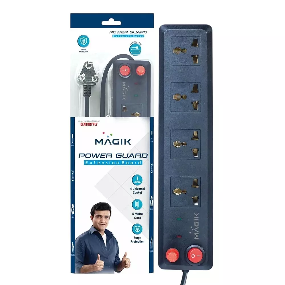Magik Power Guard Extension Board with 4 Universal Sockets Black Color and 5 m Cord Length, ACPGSG4506