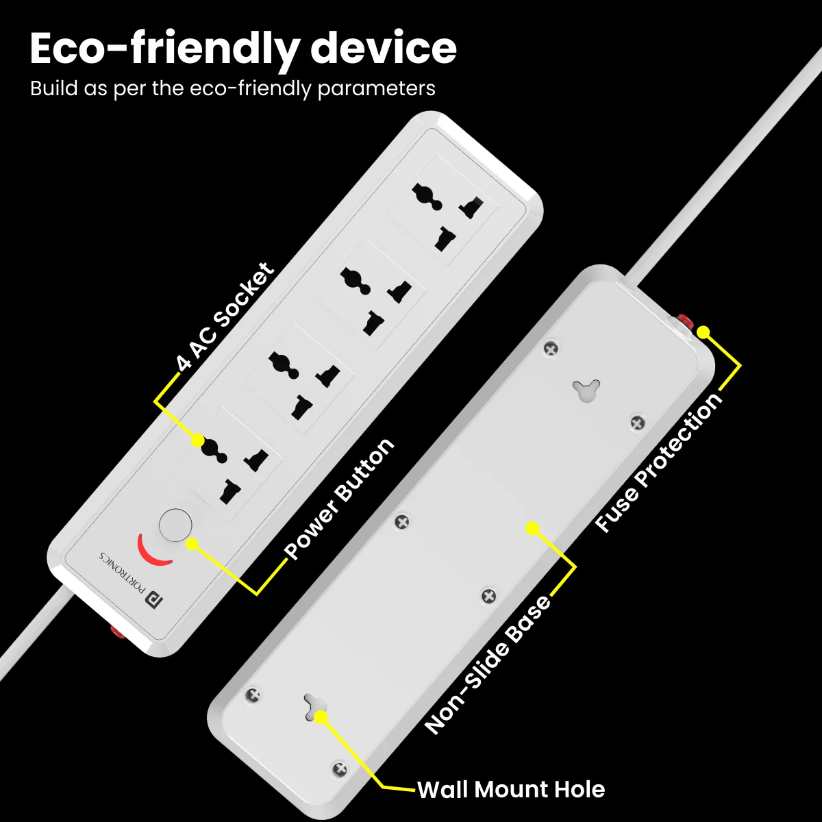 Portronics Power Plate 11 1500W 4 Sockets White Power Cable Extension Boards