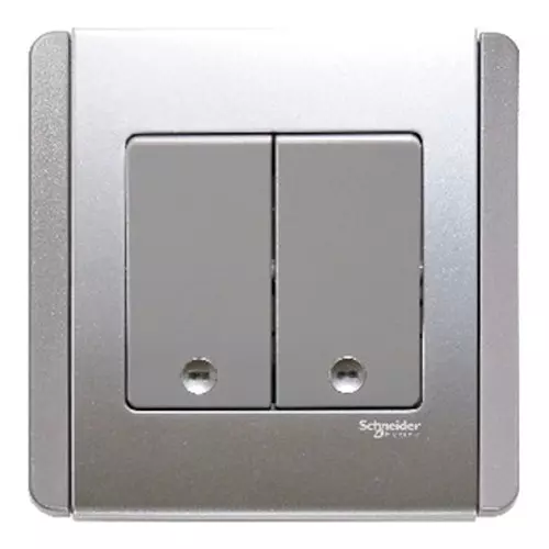 Schneider Electric NEO Vertical Dolly Switch with Blue LED 2 Gang 2 Way 10 Amp Grey Silver, E3032V2EBGS