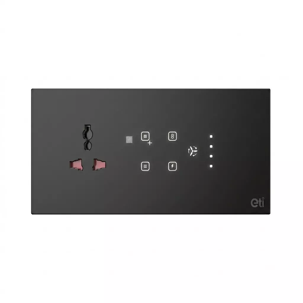 ETI Smart Touch Switch Panel With Universal Socket Single Phase 10/16 A Current Rectangular Shape Black Wall Mounted for Home, Office