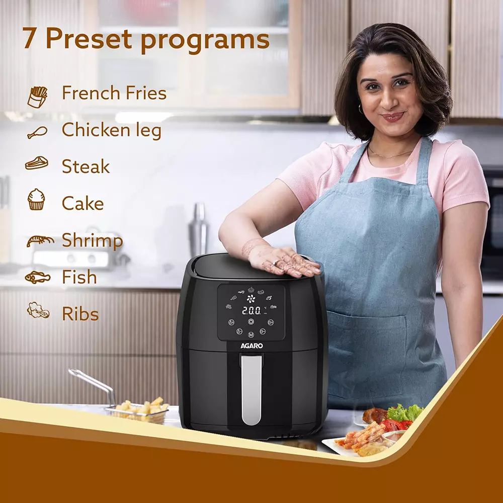 Agaro Sapphire Digital Air Fryer Digital Display 1400 W with 4.5 L Non-Stick Coated Frying Basket, Black