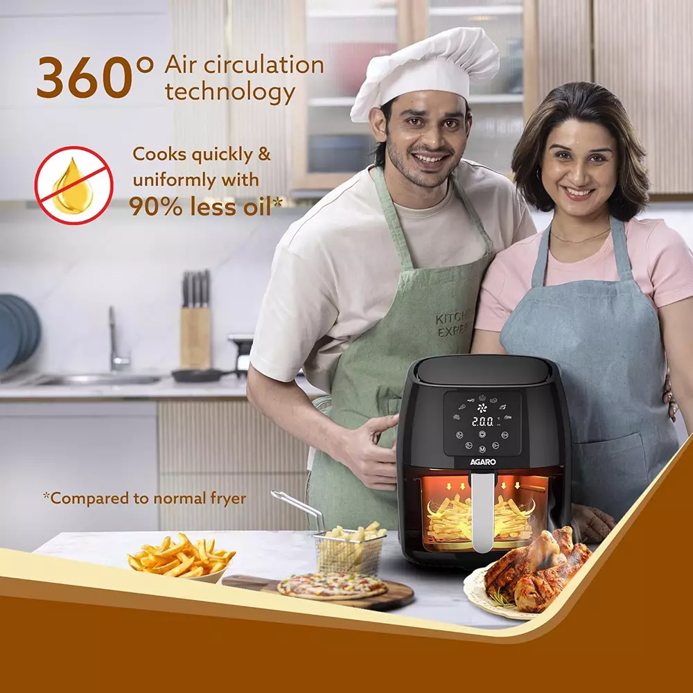 Agaro Sapphire Digital Air Fryer Digital Display 1400 W with 4.5 L Non-Stick Coated Frying Basket, Black
