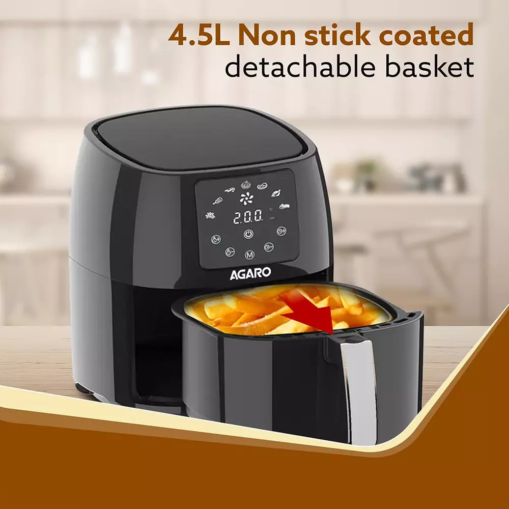 Agaro Sapphire Digital Air Fryer Digital Display 1400 W with 4.5 L Non-Stick Coated Frying Basket, Black