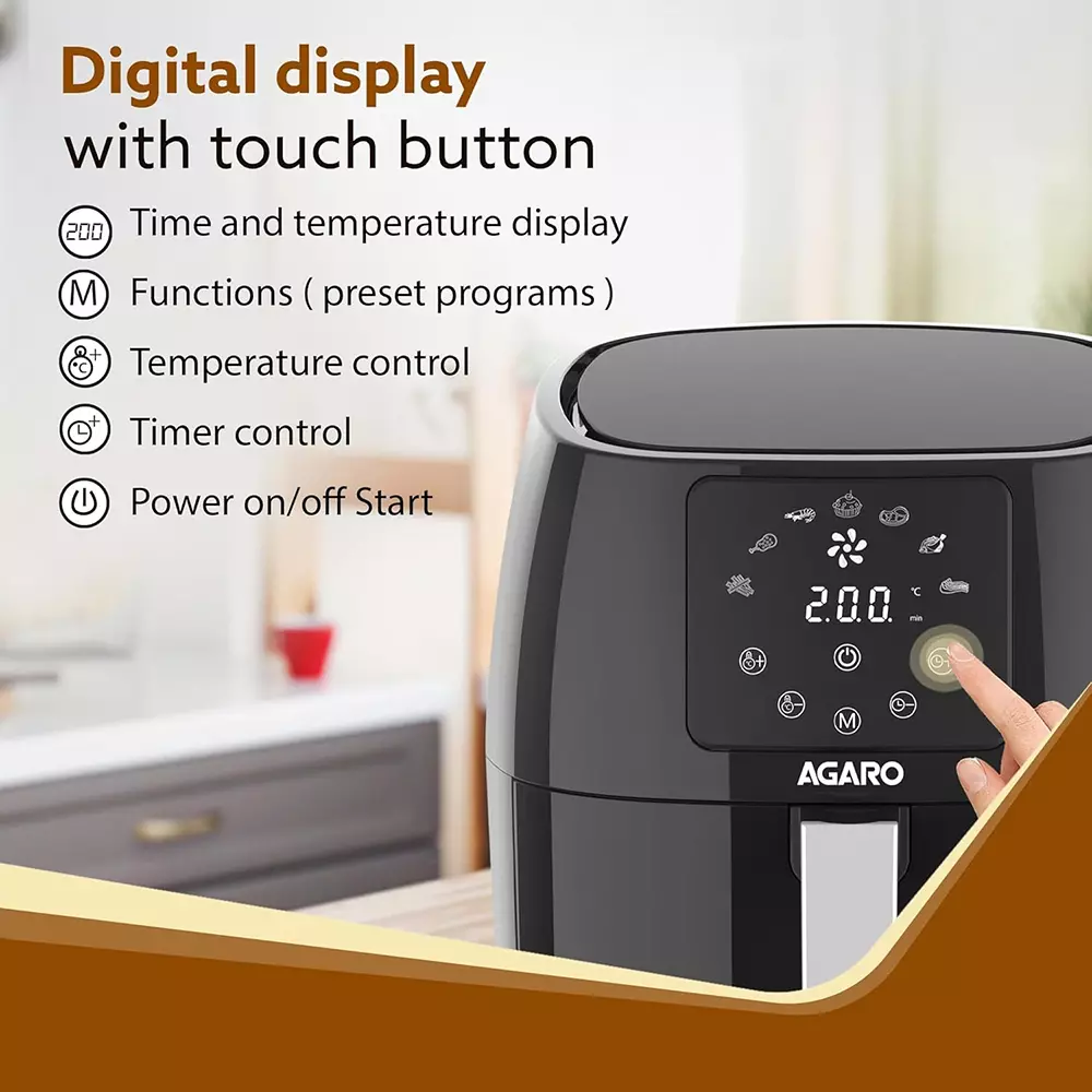 Agaro Sapphire Digital Air Fryer Digital Display 1400 W with 4.5 L Non-Stick Coated Frying Basket, Black