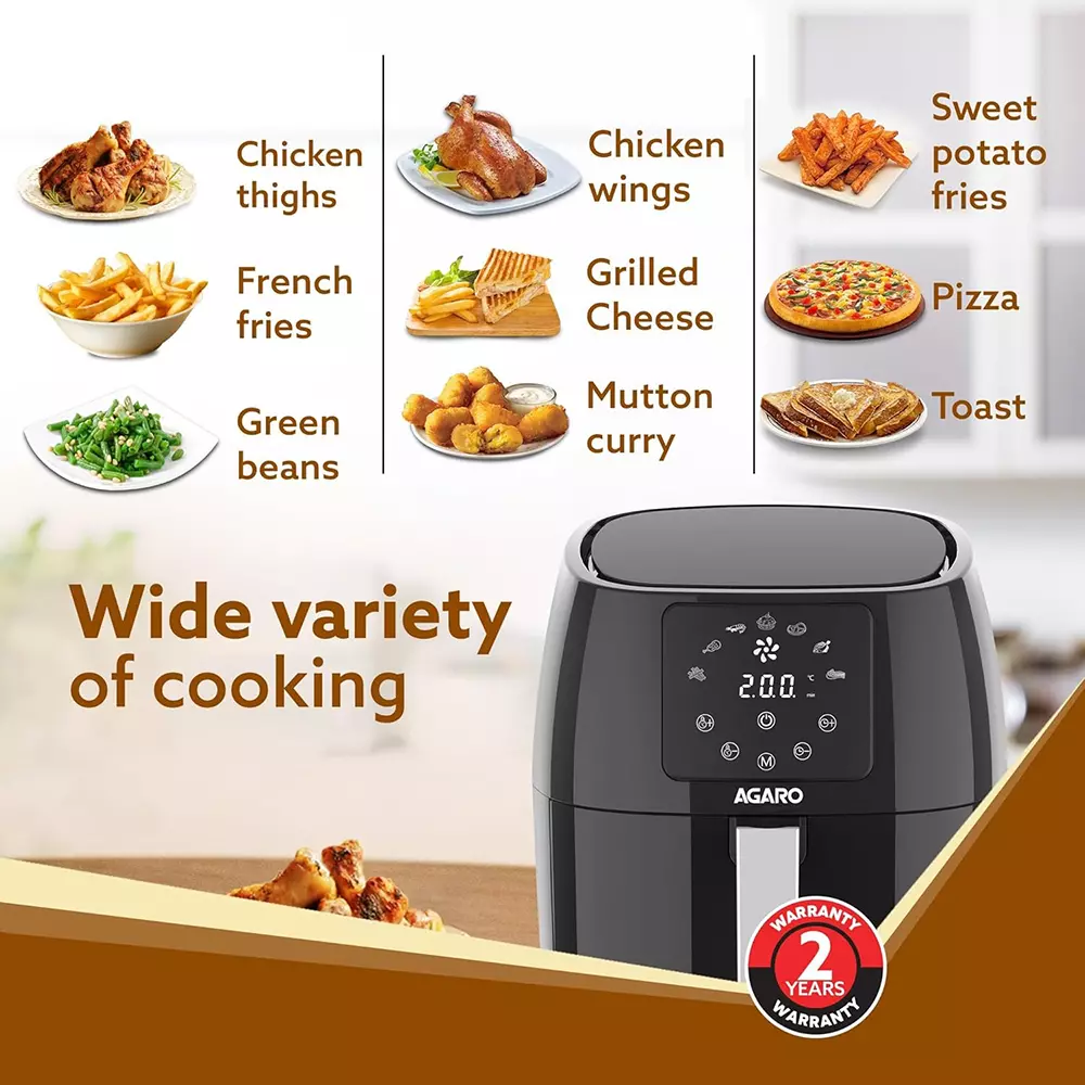 Agaro Sapphire Digital Air Fryer Digital Display 1400 W with 4.5 L Non-Stick Coated Frying Basket, Black