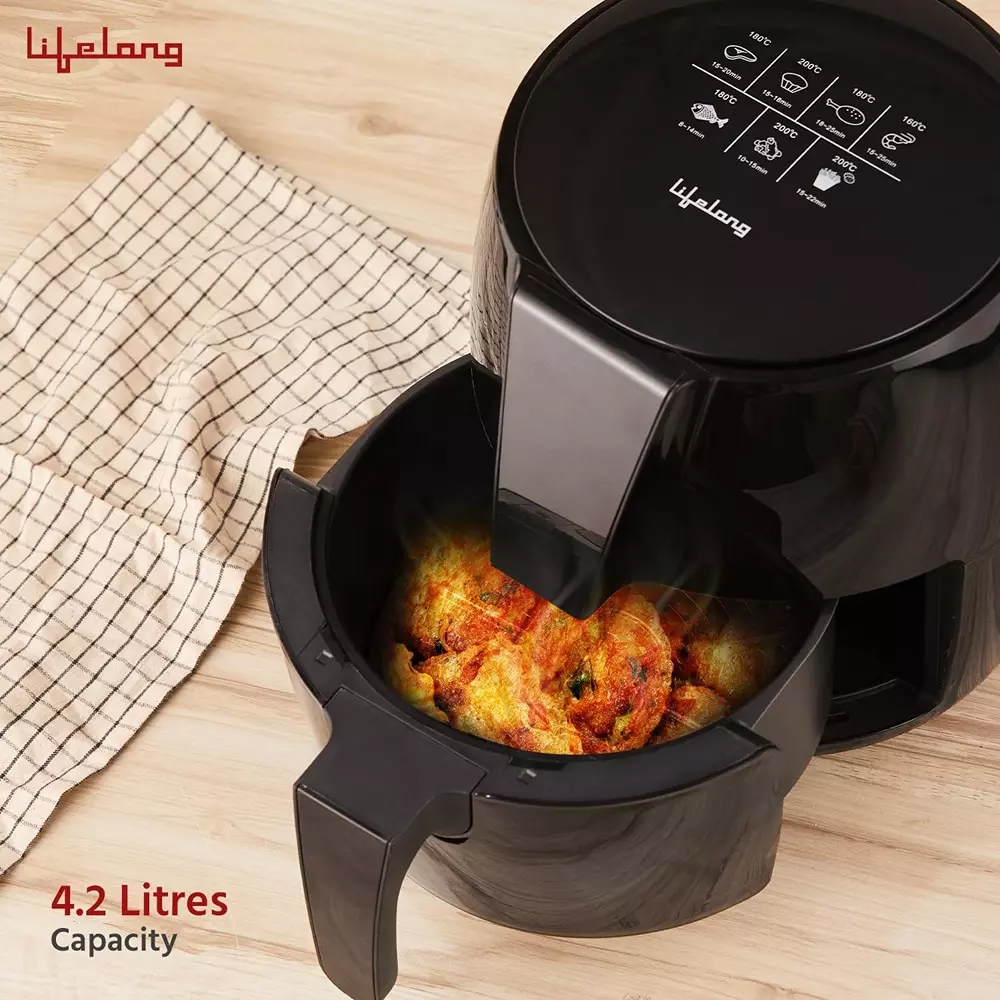 Lifelong Air Fryer Black 1350 W Power 4.2 L Capacity Plastic Touch Panel Control, LLHFD439
