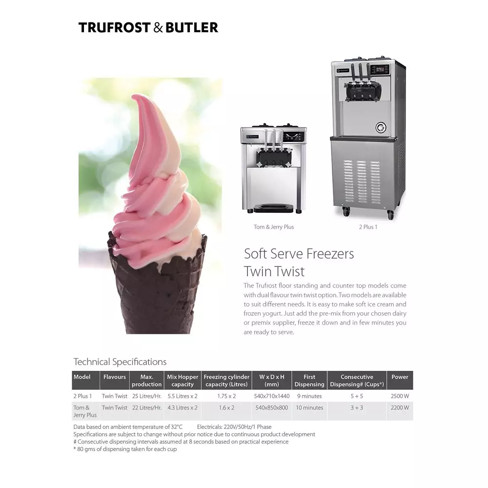 Trufrost Electric Twin Twist Soft Serve Dispenser Without Agitator, 2 Plus 1