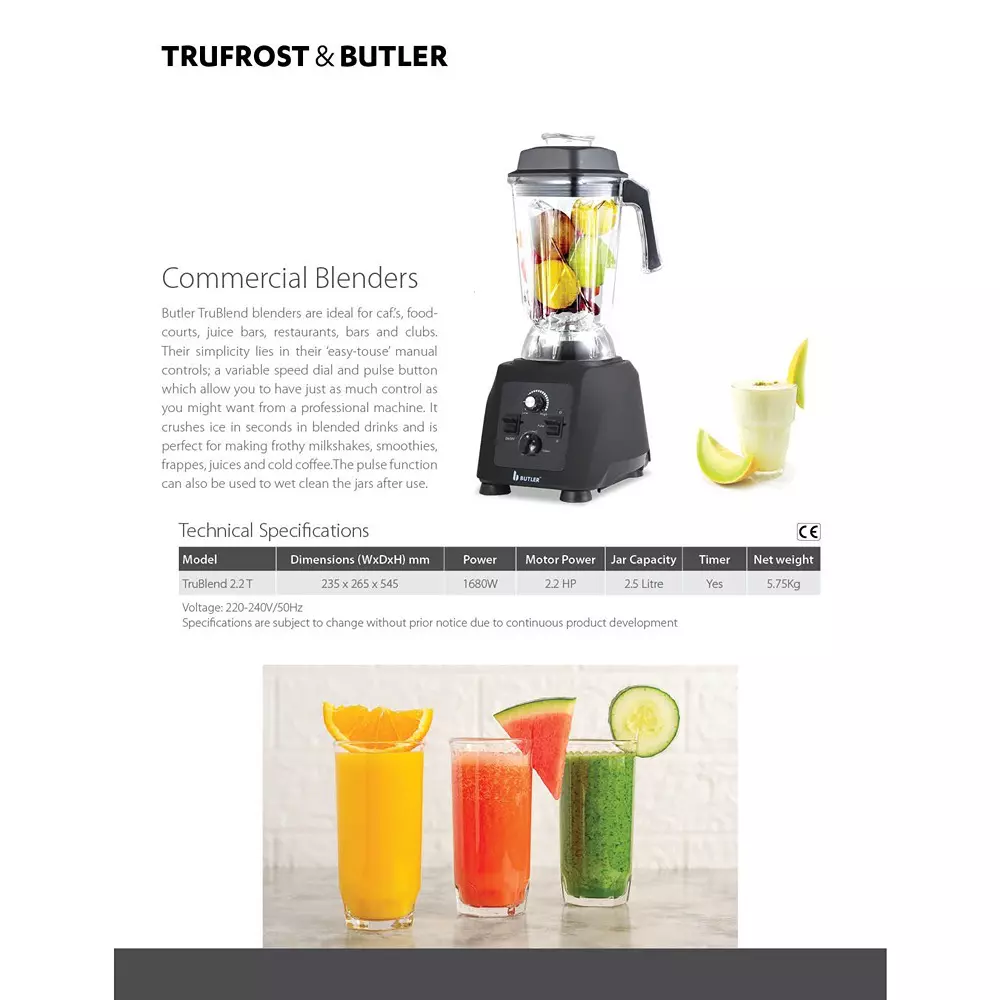 Butler 1680W High Performance Commercial Blender, TruBlend 2.2T