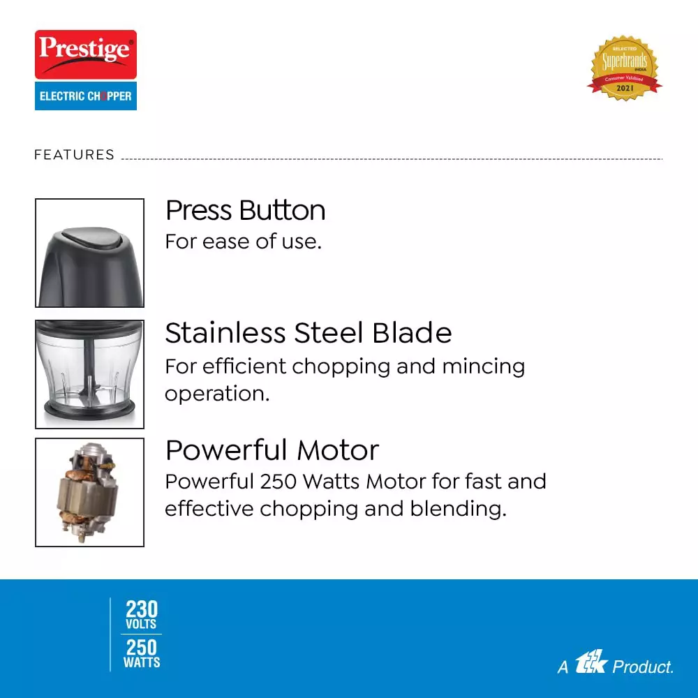 Prestige Pec 4.0 Electric Chopper With Jar 250 W Stainless Steel Blade Polycarbonate Jar Black, 41051