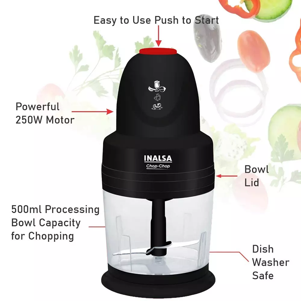 Inalsa Chop Electric Chopper 250 W Cooper Winding Motor Stainless Steel 500 ml Capacity Black Color