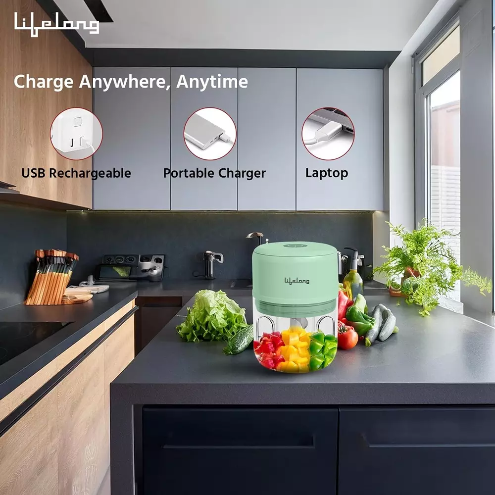 Lifelong Wireless Electric Chopper USB Port Stainless Steel Blade Material 30 W Power 250 ml Capacity Plastic for Fruits & Vegetables, LLWC04