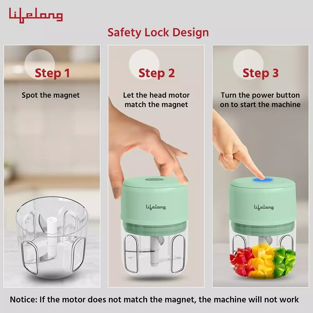 Lifelong Wireless Electric Chopper USB Port Stainless Steel Blade Material 30 W Power 250 ml Capacity Plastic for Fruits & Vegetables, LLWC04