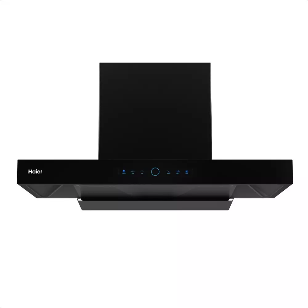 Haier 90 cm Unique Butterfly Chimney T-Shaped-Hood BW Display, Blue Graphics Black AC Motor 1800 m³/h Suction, HIH-T3903