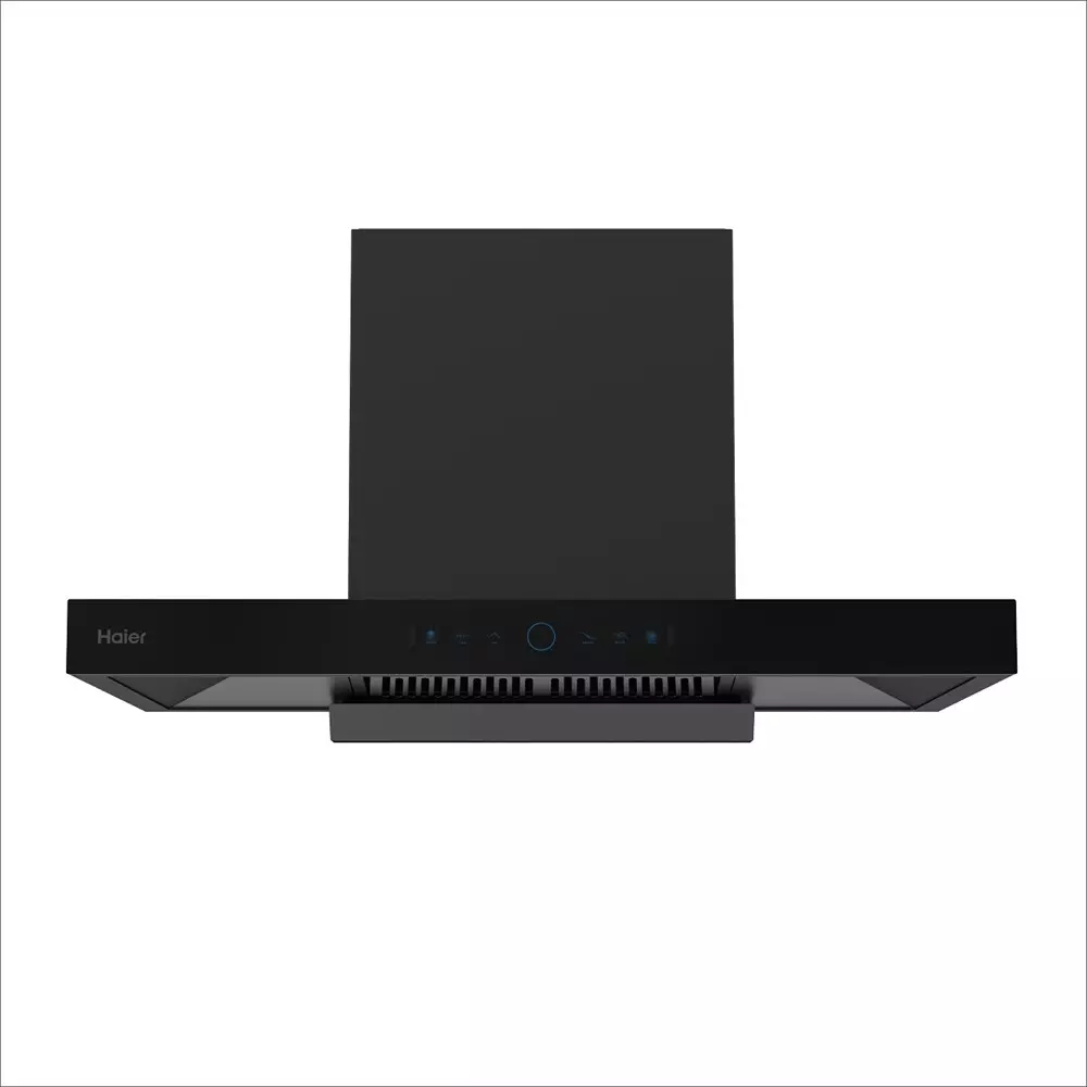 Haier 90 cm Unique Pyramid Chimney T-Shaped-Hood BW Display, Blue Graphics Black AC Motor 1800 m³/h Suction, HIH-T1903