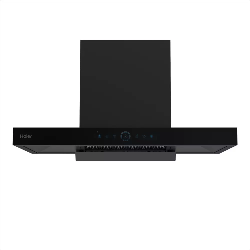Haier 90 cm Unique Pyramid Chimney T-Shaped-Hood BW Display, Blue Graphics Black AC Motor 2000 m³/h Suction, HIH-T5905