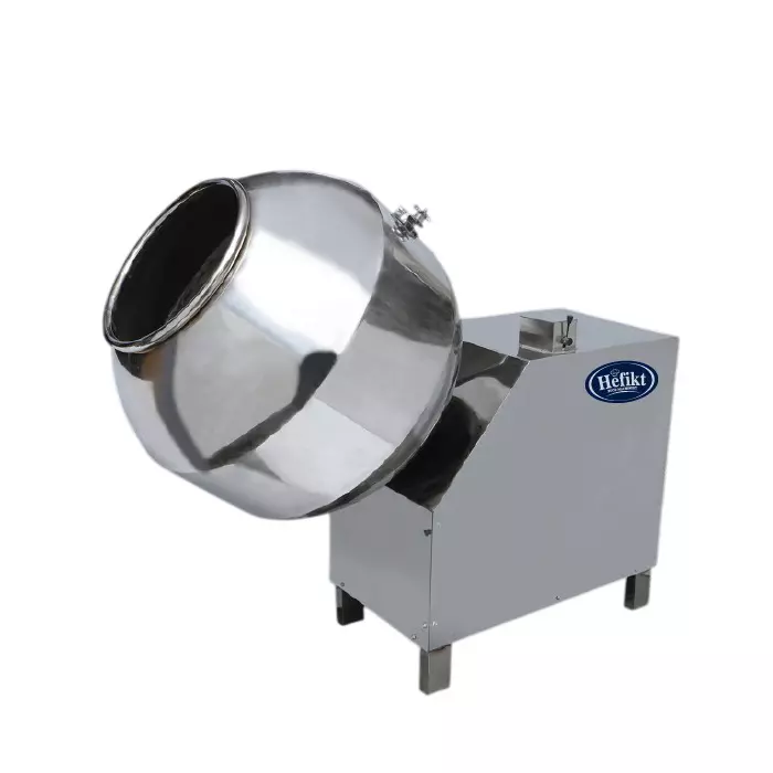 Hefikt Food Machinery Coating Pan/Flavoring Pan Machine 10-15 Kg Drum Capacity 18 x 18 Inch Drum Size 0.5 HP Power Stainless Steel Material, Tilting
