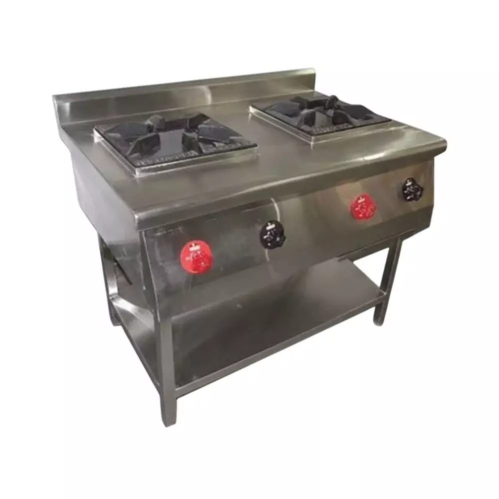 Shri Saraswati Kitchen Equipment 2 Burner Range 48X24X34+22 inch SS202 LPG Gas, SSKE 24