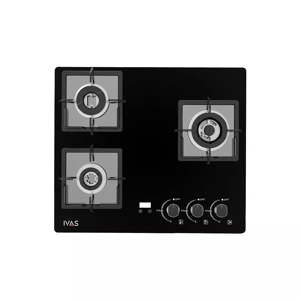 IVAS IgnisGlo Gas Hob with 3 Heating Elements 3 Burner Hob Black Knob Control for Kitchen Use