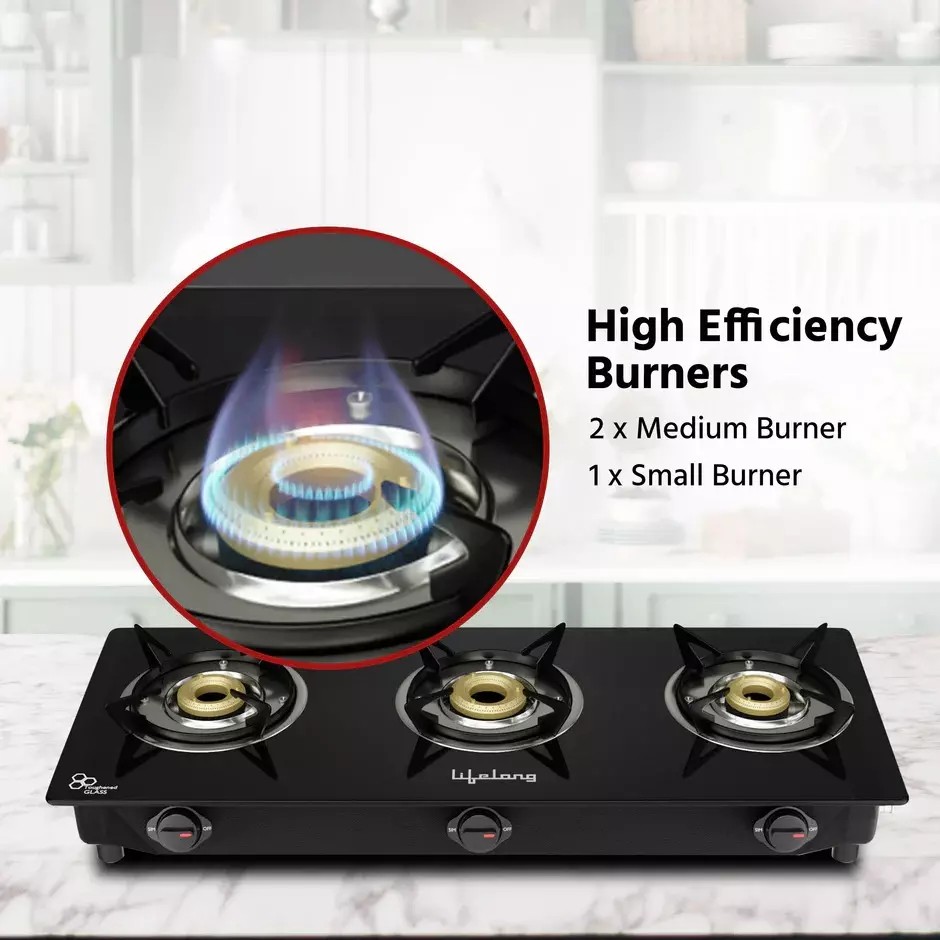 Lifelong Gas Stove 3 Burners Rubber Leg Manual Ignition Glass Black, LLGS930