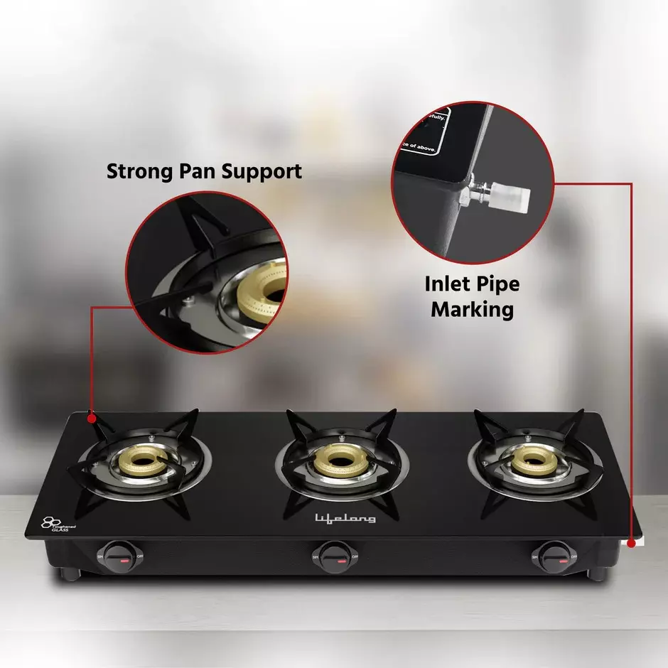 Lifelong Gas Stove 3 Burners Rubber Leg Manual Ignition Glass Black, LLGS930