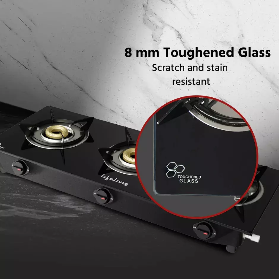 Lifelong Gas Stove 3 Burners Rubber Leg Manual Ignition Glass Black, LLGS930
