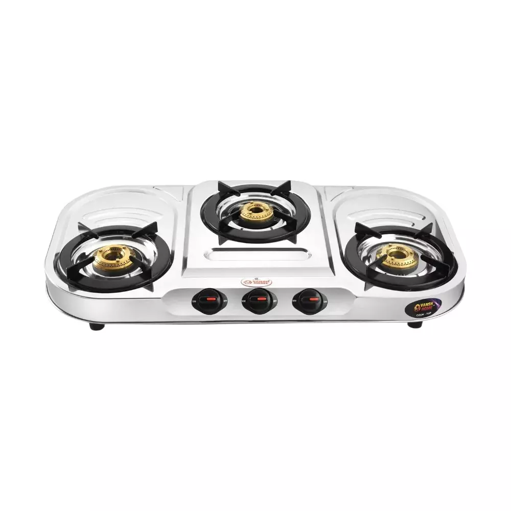 Vansh Homes Tulip Plus Gas Stove 3 Burner Rubber Leg Manual Ignition LPG Fuel Stainless Steel, VH-3B-302