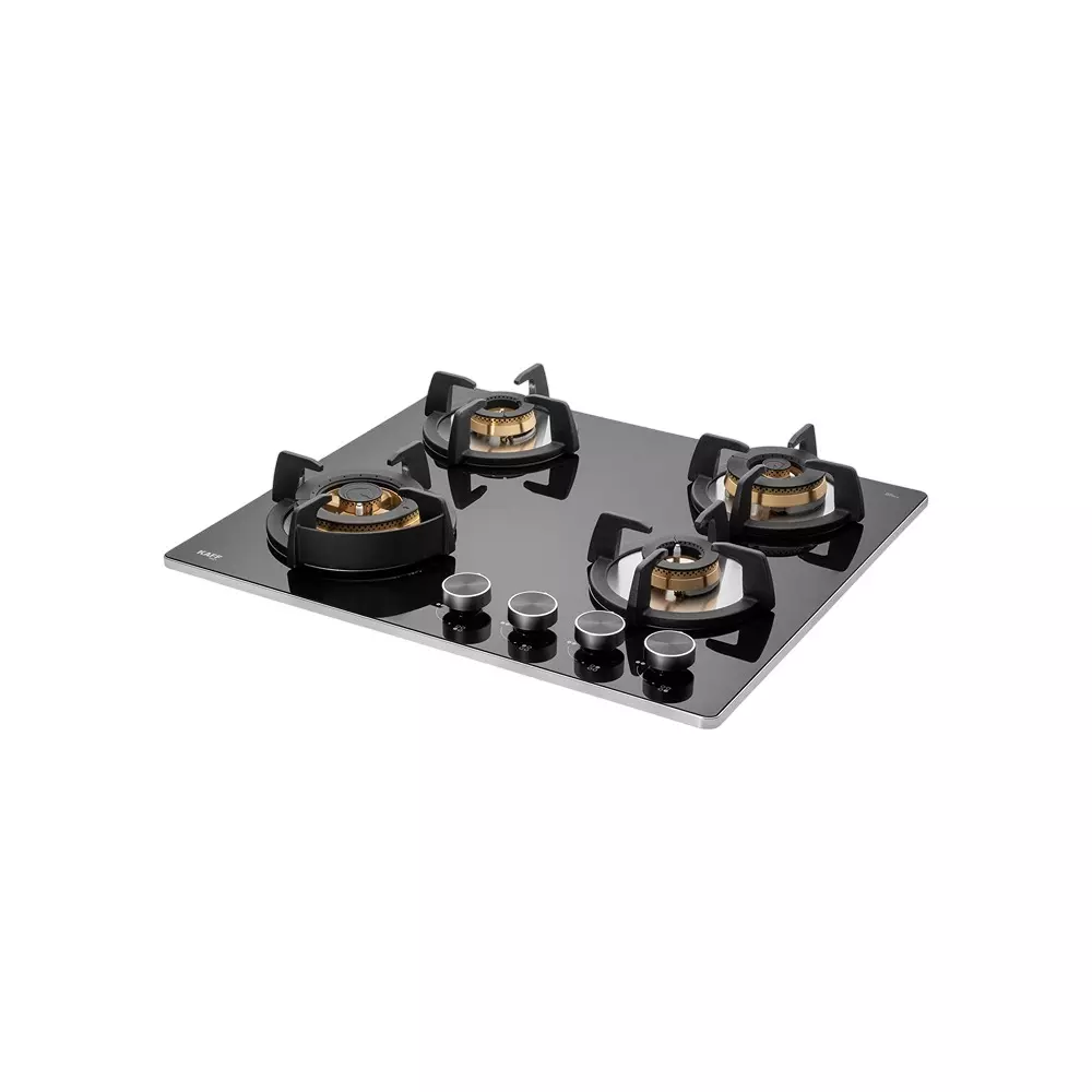 Kaff 4 Burner Gas Stoves Auto Electric Ignition Brass Burner Material Ergonomic Metal Knobs 8 mm Thick Black Tempered Glass, BLH 604X