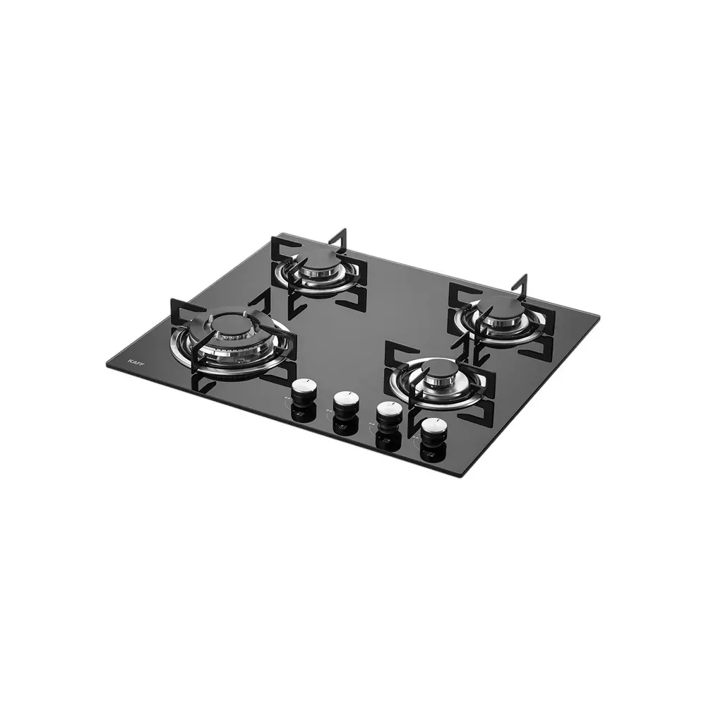 Kaff 4 Burner Gas Stoves Auto Ignition Aluminum Burner Material Easy Grip Knobs 8mm Thick Black Tempered Glass, NE4B 60GF