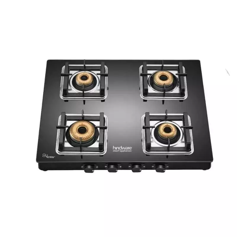 Hindware 4 Burner Gas Stoves Manual Ignition Brass Burner Material Plastic 6 mm Thick Toughened Glass, CT 100231
