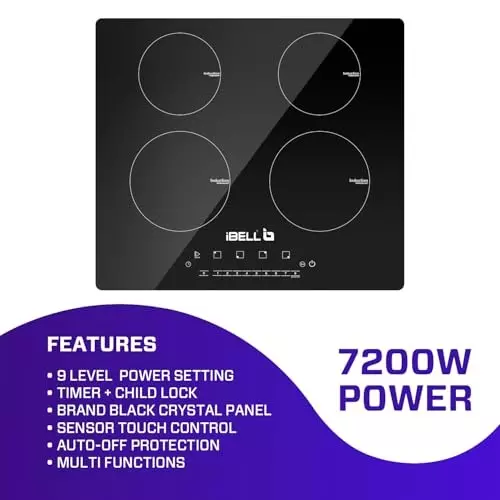 IBELL Induction Hob 7200 W Power Toughened Glass Surface Touch Panel 9 Adjustable Power Levels Black