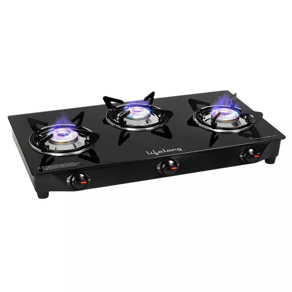 Lifelong Gas Stove 3 Burners Rubber Leg Manual Ignition Glass Black, LLGS18