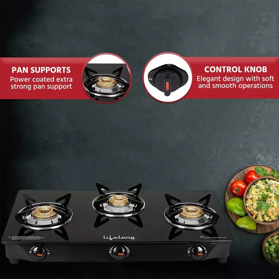 Lifelong Gas Stove 3 Burners Rubber Leg Manual Ignition Glass Black, LLGS18