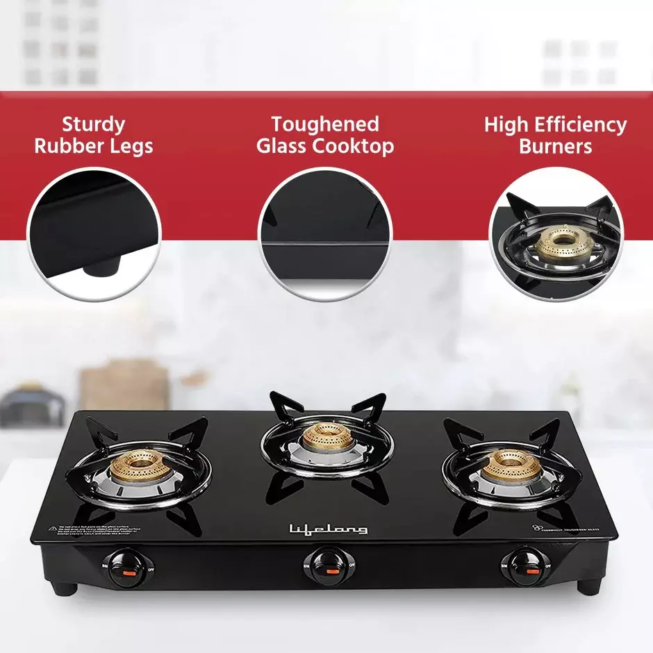 Lifelong Gas Stove 3 Burners Rubber Leg Manual Ignition Glass Black, LLGS18