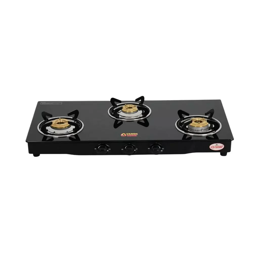 Vansh Homes Flamingo Black Gas Stove 3 Burner Rubber Leg Manual Ignition LPG Fuel Glass top Stainless Steel, VH-3B-301-GT
