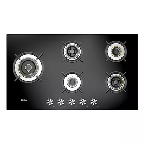 Haier 90 cm Hybrid Hob Gas Cooktop Auto Ignition (Battery Operated) 5 Burner Black, HIC-905FCF-O