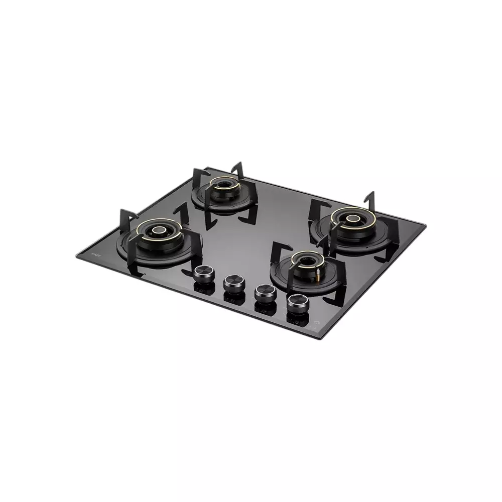 Kaff 4 Burner Gas Stoves Auto Electric Ignition Brass Burner Material 8 mm Thick Tempered Glass with Beveled Edges, ALNF 604