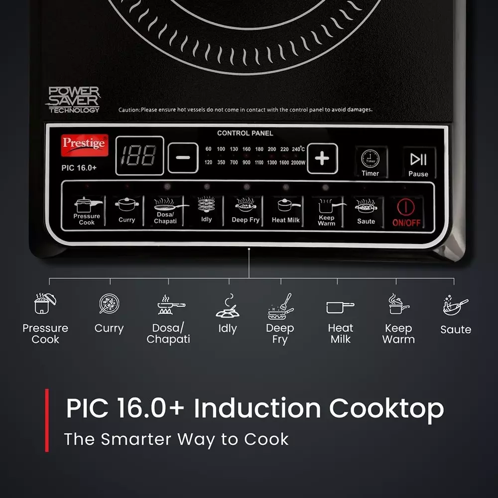 Prestige Induction Cooktop 2000 W Automatic Power & Temperature Adjustment 39 cm Length Black, PIC 16.0 plus